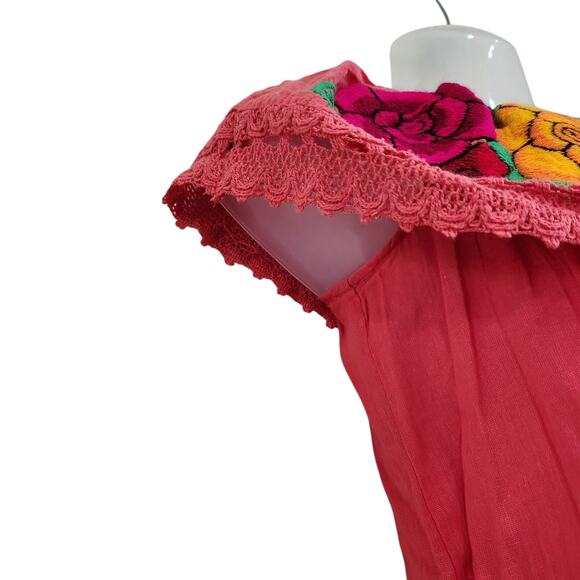 Handmade Embroidered Floral Boho Oxaca Top Pink Red Off The Shoulder Size XS - Picture 4 of 4